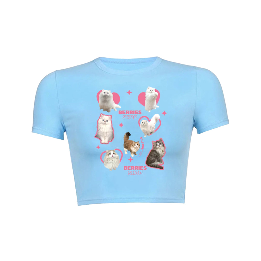 Many cat print crop top baby tee