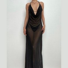 Ruched sheer mesh solid halter self tie backless 3 piece maxi dress  | samba dress