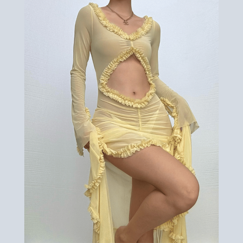 Long sleeve ruffle hollow out v neck sheer mesh cut out maxi dress  | samba dress
