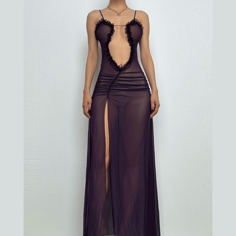 Sheer mesh hollow out ruched high slit cami cut out maxi dress  | samba dress