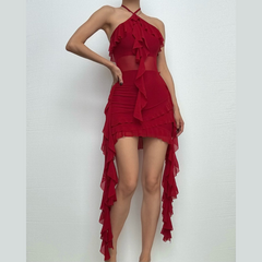 Halter sheer mesh ruffle backless mini dress  | red tango dress  | samba dress