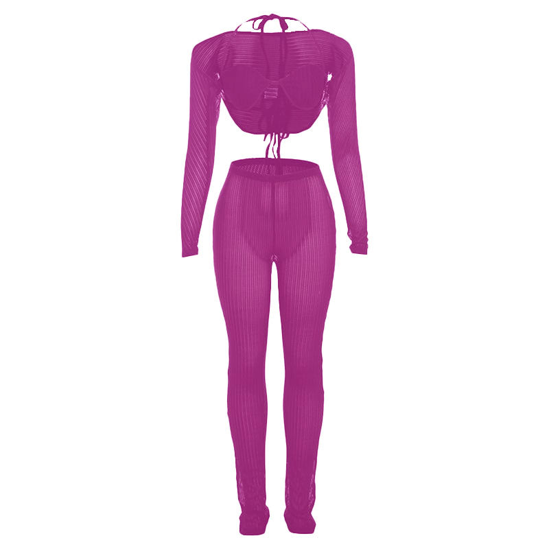 Halter shrug textured see through pant set