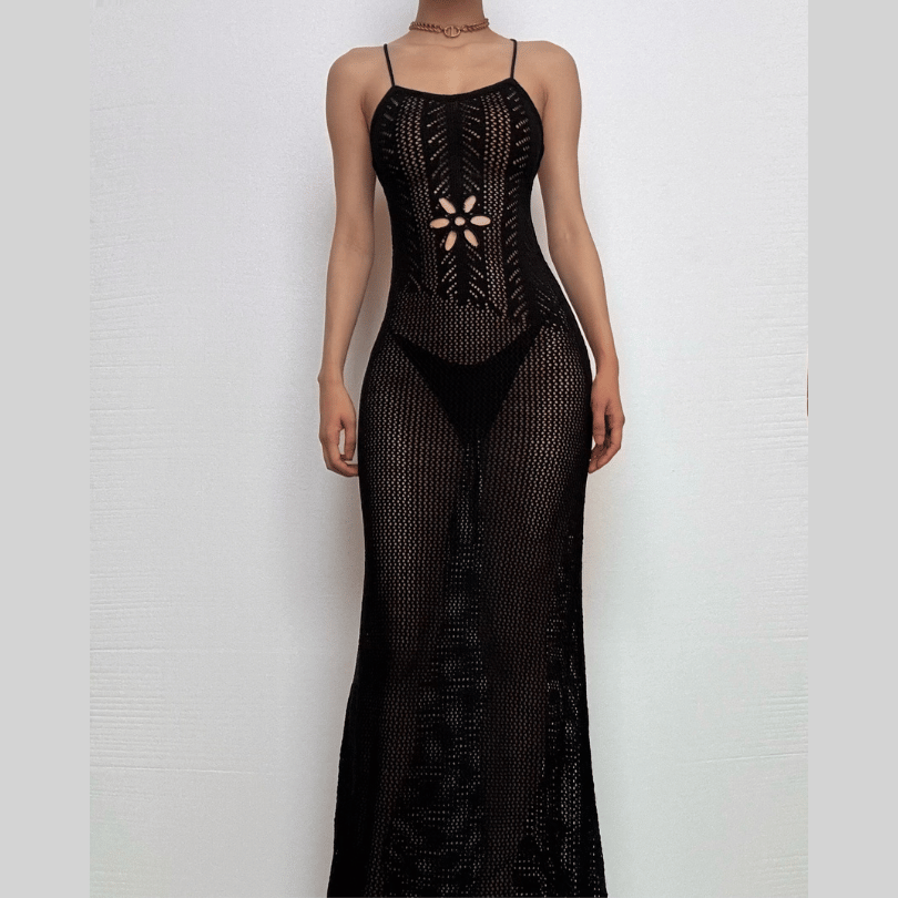 Knitted cross back see through cami maxi dress  | black rave dress