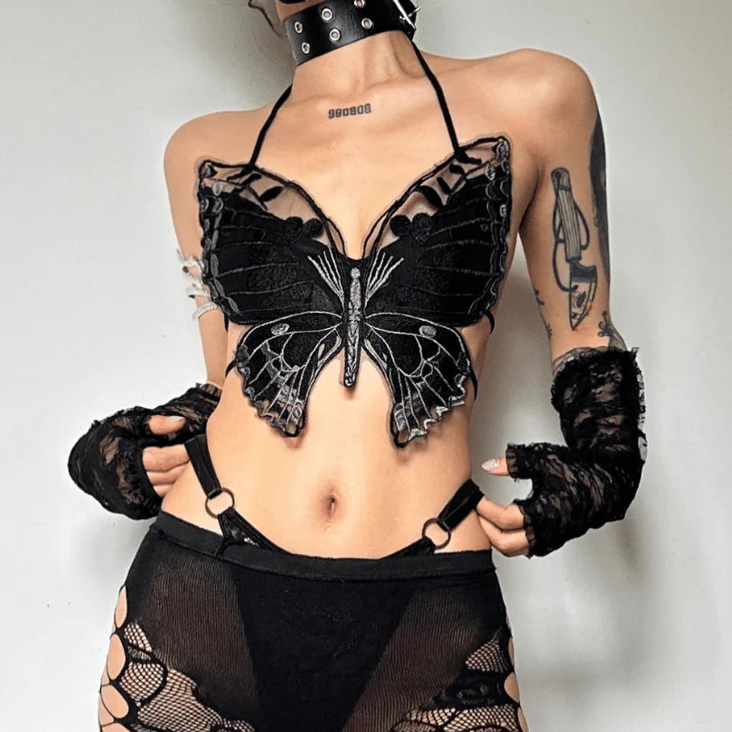 Butterfly pattern embroidery halter self tie backless crop top