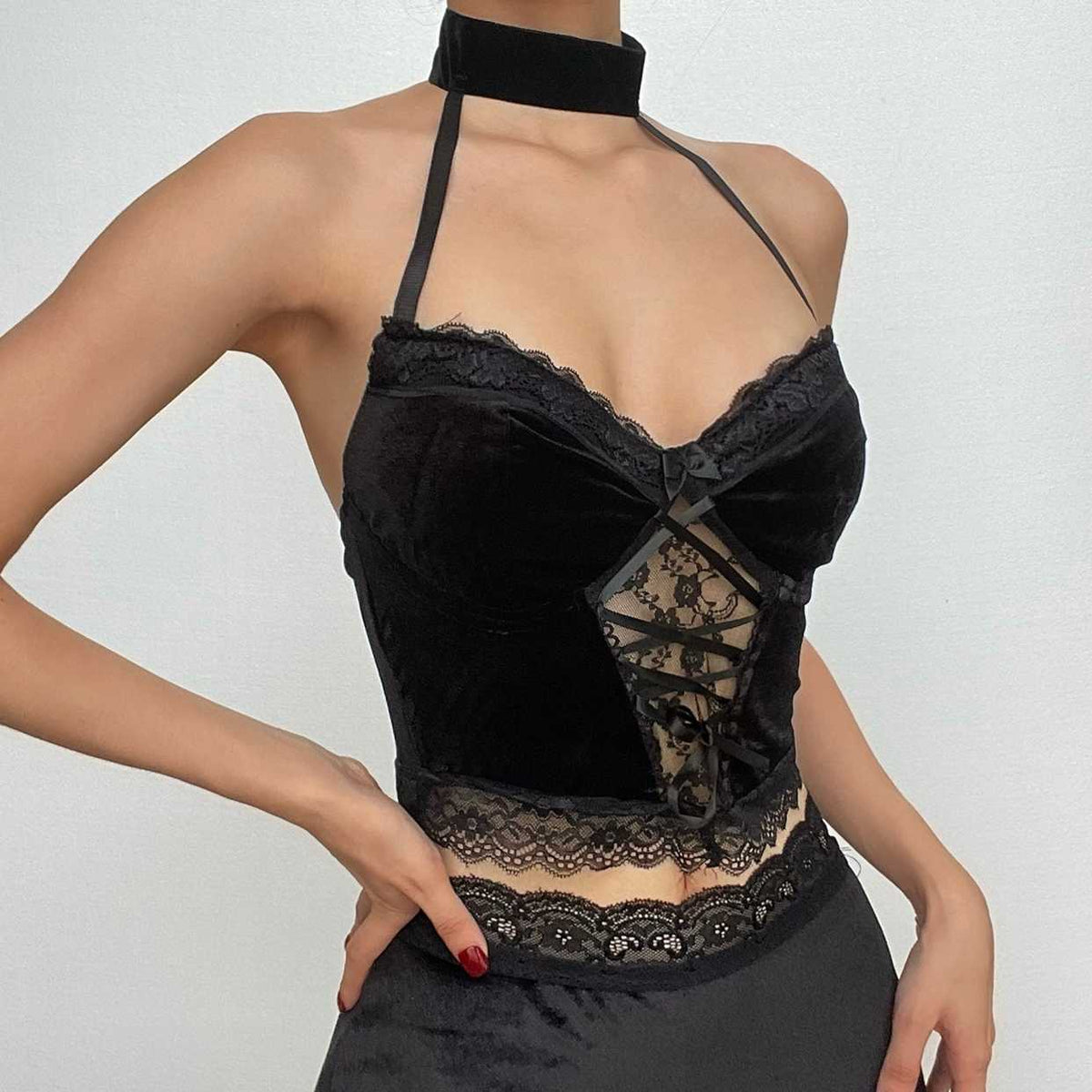 Velvet halter buttoned lace up crop top
