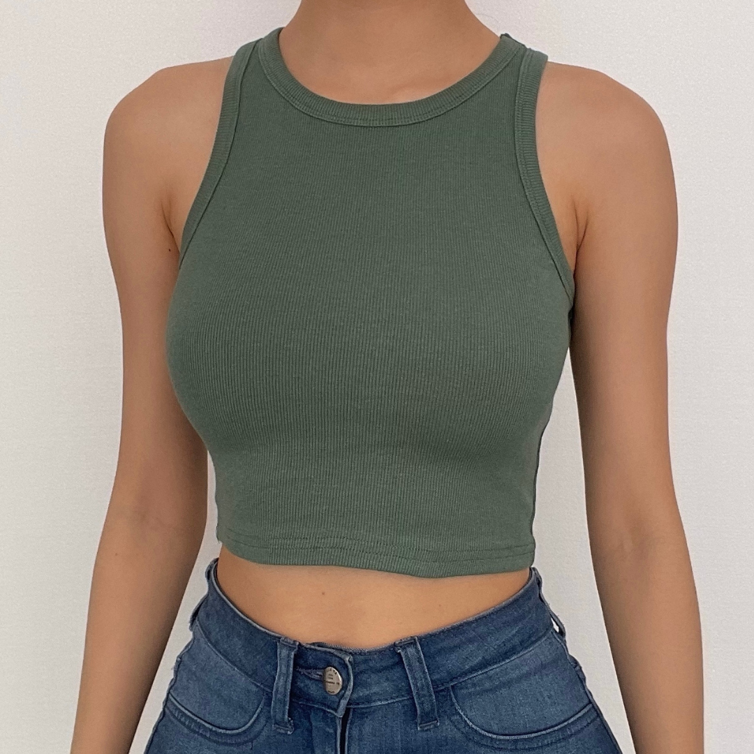 Round neck ribbed solid sleeveless tank top