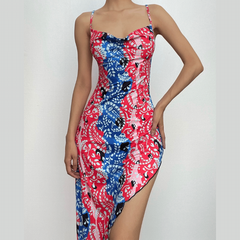 Irregular v neck backless contrast print cowl neck cami midi dress  | red tango dress