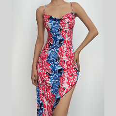 Irregular v neck backless contrast print cowl neck cami midi dress  | red tango dress