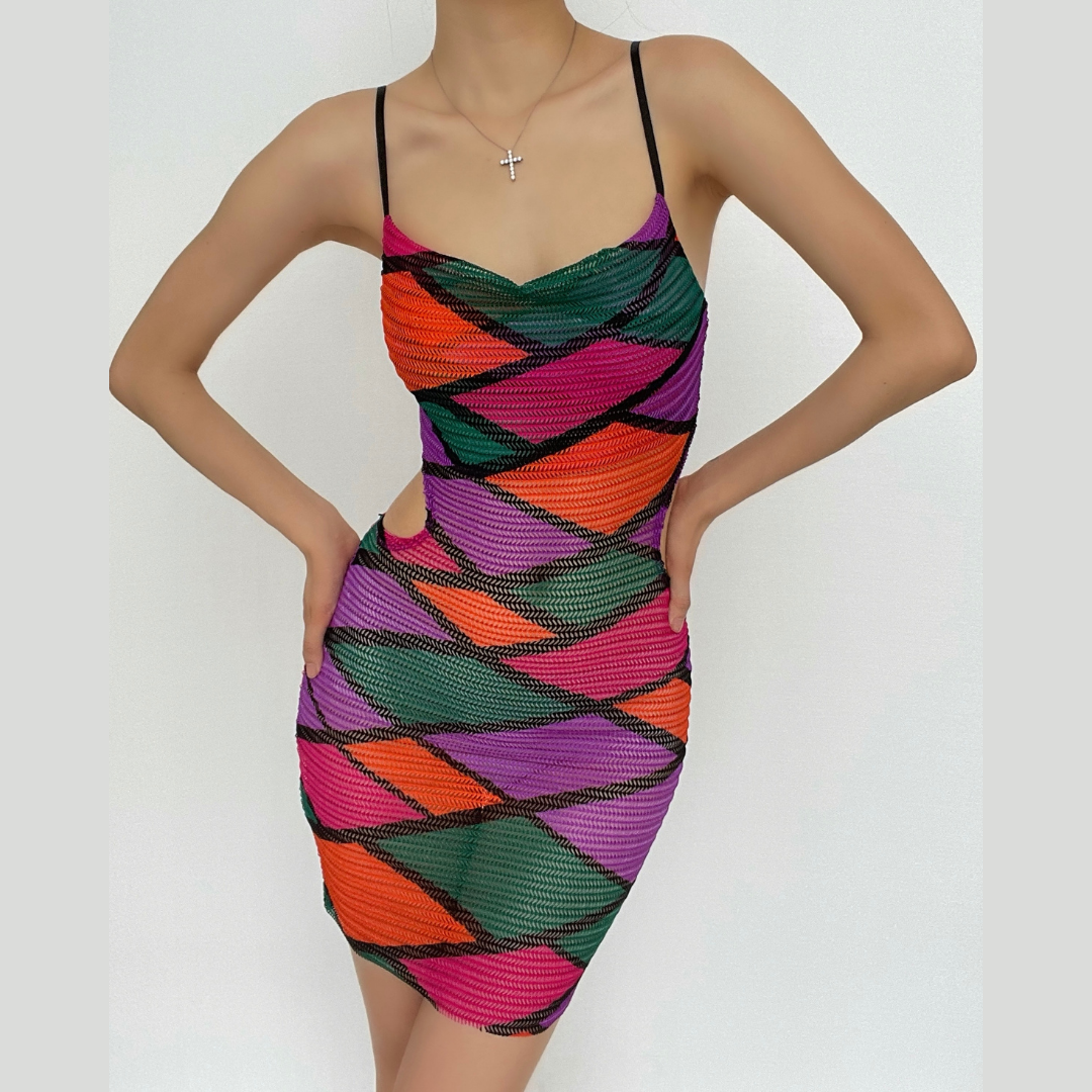 Hollow out sheer mesh see through print contrast cami dress  | samba dress