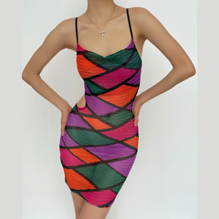 Hollow out sheer mesh see through print contrast cami dress  | samba dress