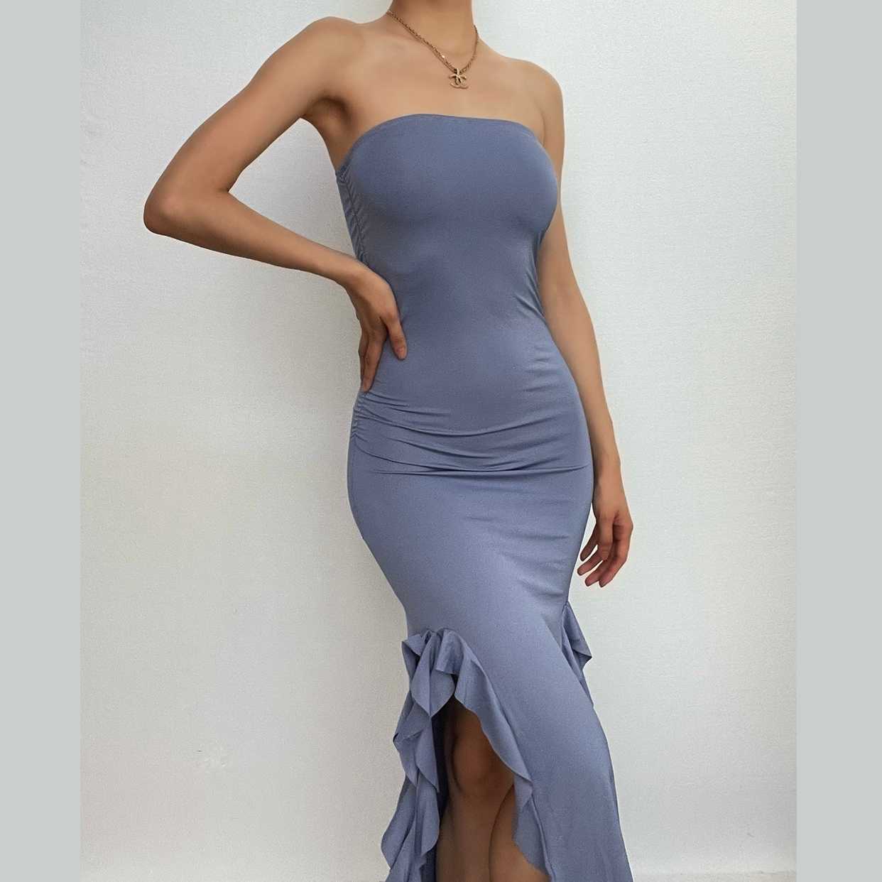 Solid slit irregular ruffle ribbon backless tube midi dress  | red tango dress