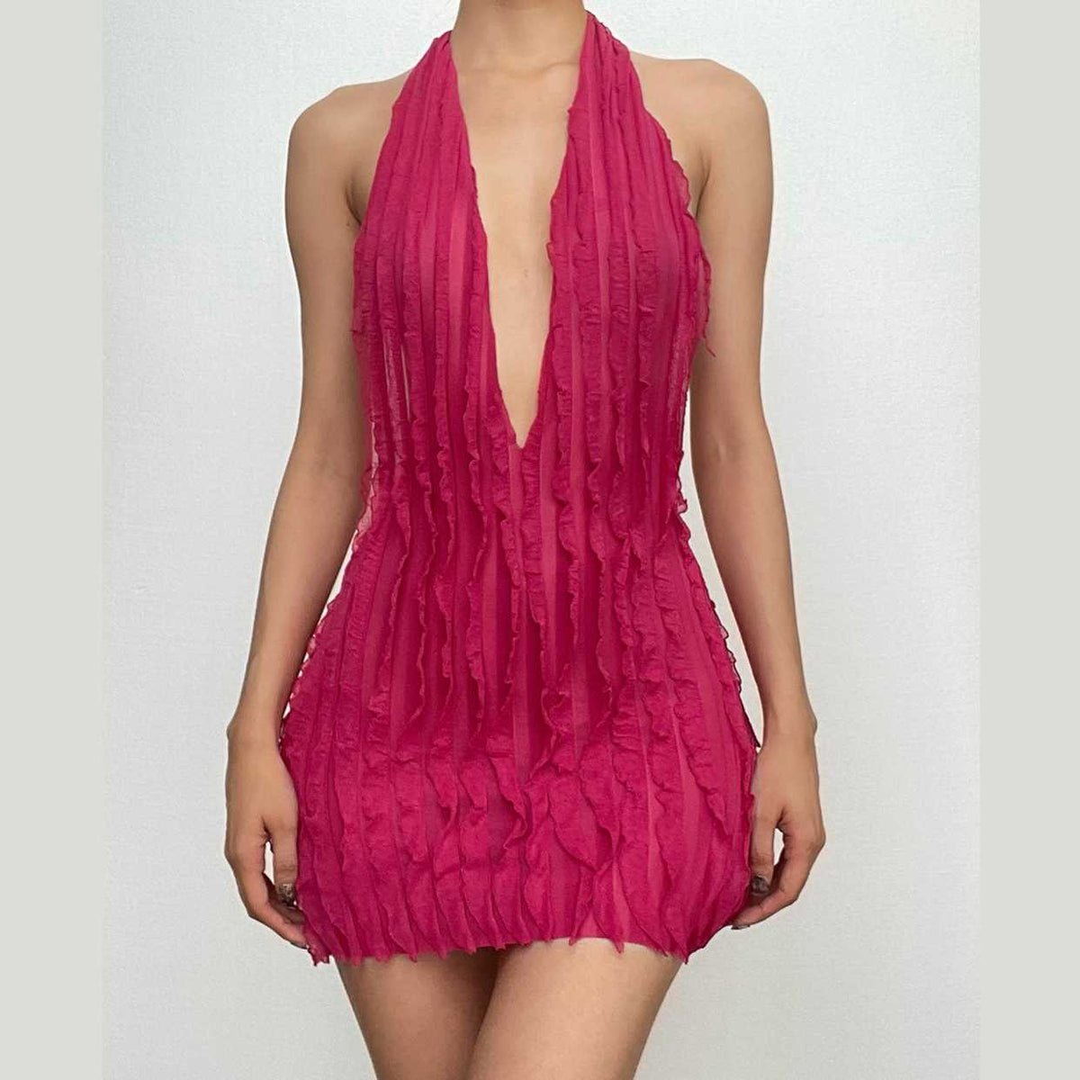 Textured ruffle solid halter self tie v neck backless mini dress  | red tango dress