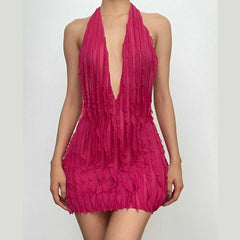 Textured ruffle solid halter self tie v neck backless mini dress  | red tango dress