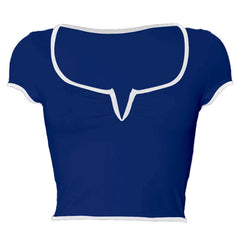 Short sleeve ruched notch neck stitch crop top