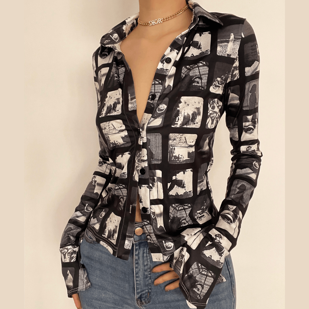 Turnover collar buttoned flared long sleeve print top