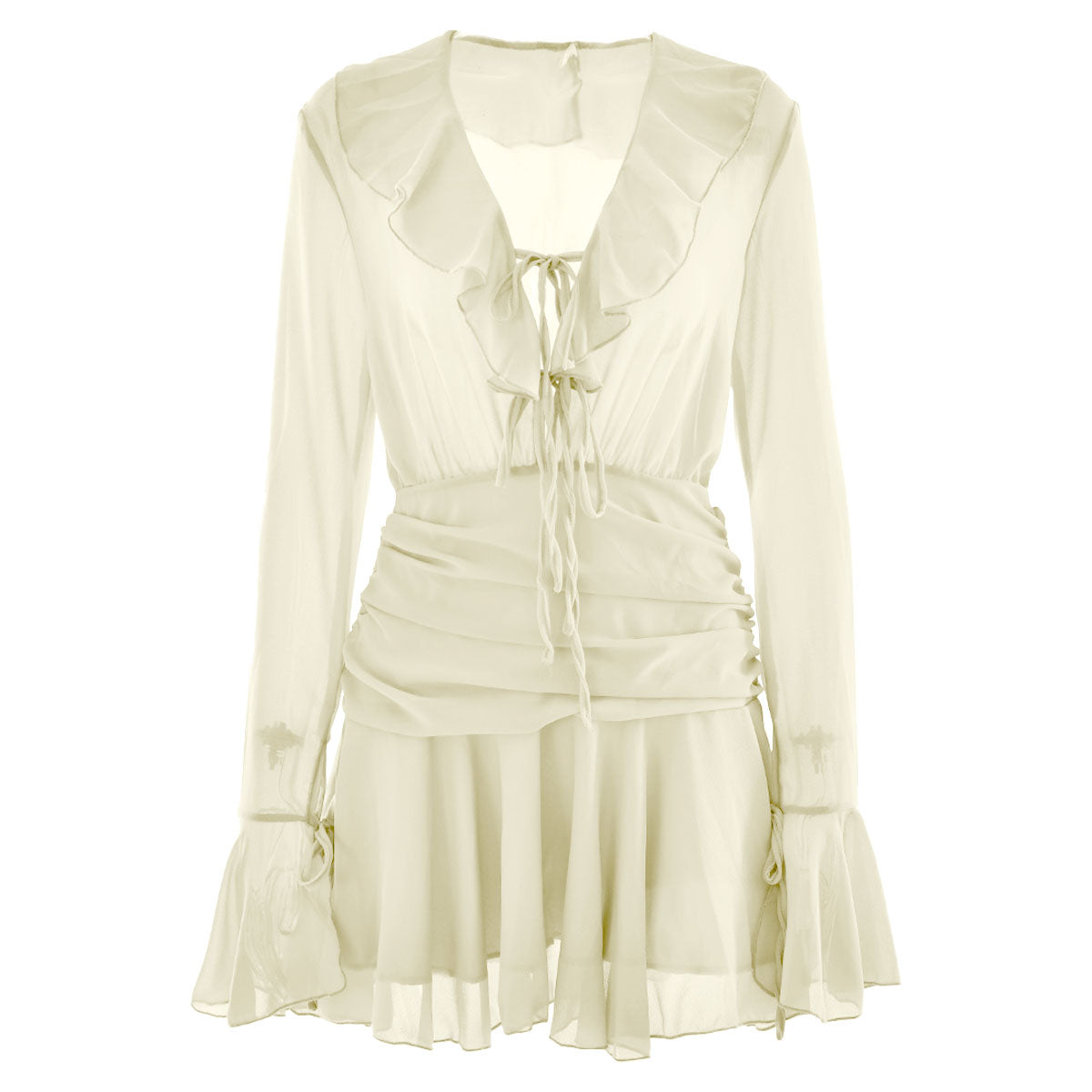 V neck long sleeve chiffon ruched ruffle mini dress