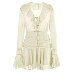 V neck long sleeve chiffon ruched ruffle mini dress