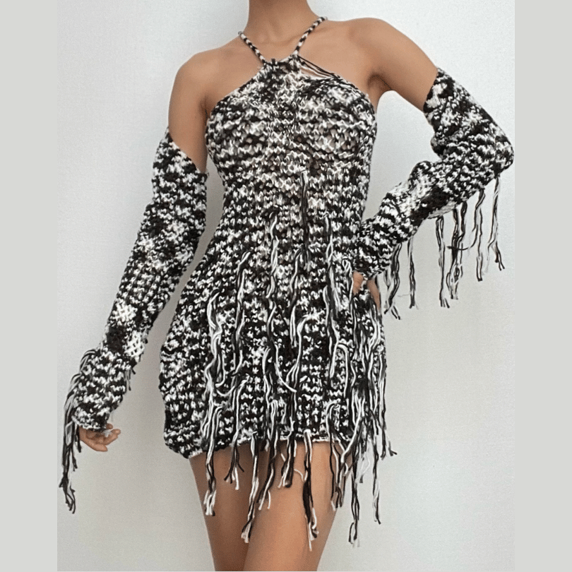 Long sleeve knitted tassels cross back contrast mini dress  | black rave dress