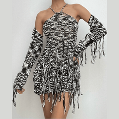 Long sleeve knitted tassels cross back contrast mini dress  | black rave dress