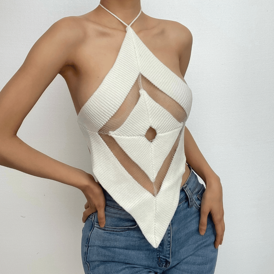 Knitted hollow out halter backless self tie cut out top