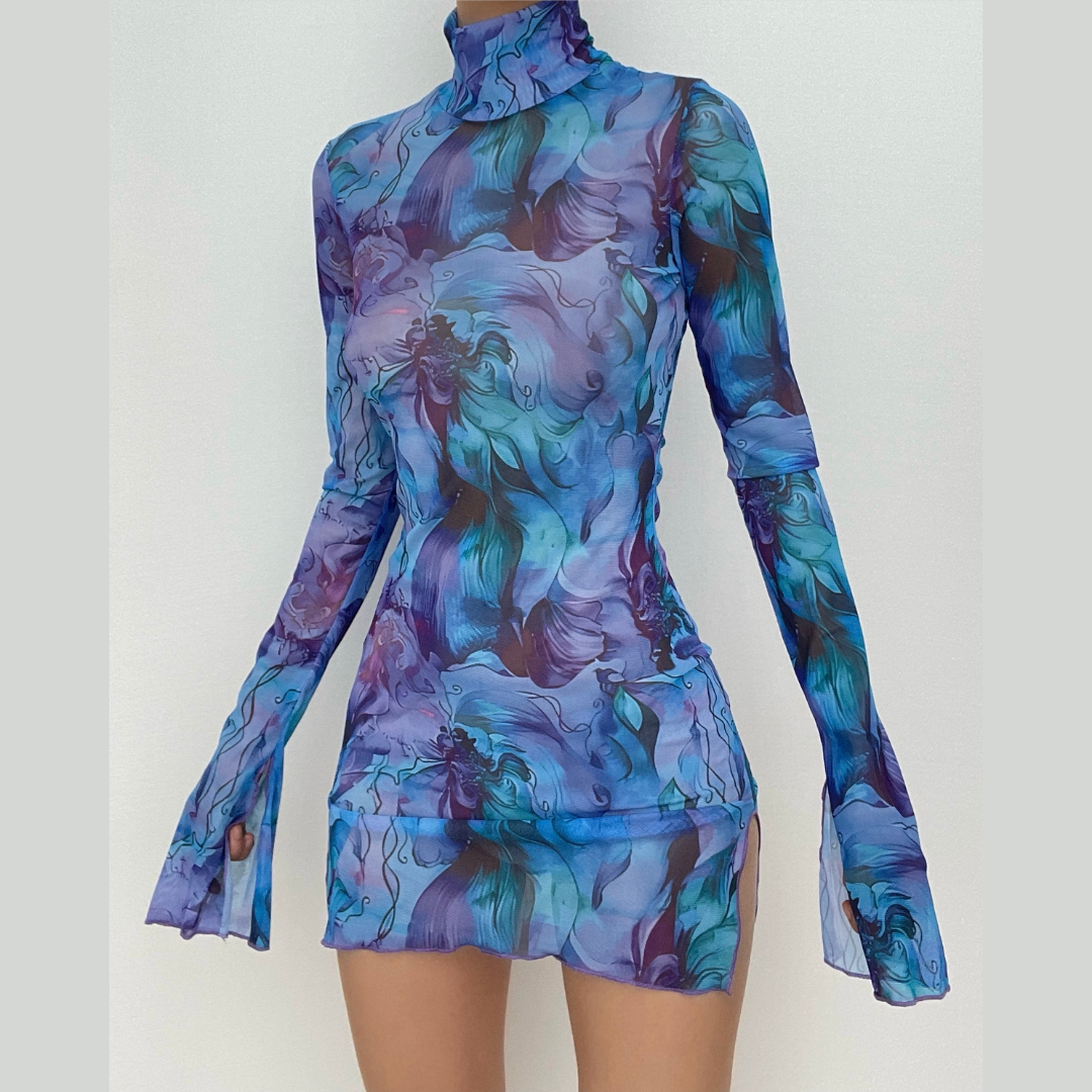 Sheer mesh see through print high neck slit long sleeve mini dress  | samba dress