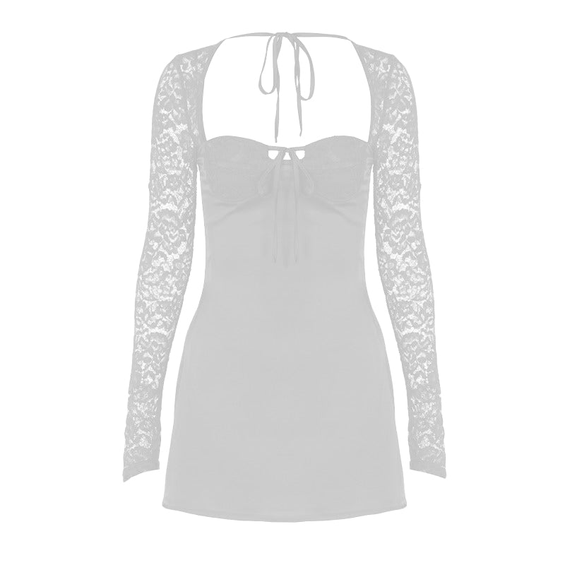Long sleeve lace knotted ruched solid mini dress  | red tango dress