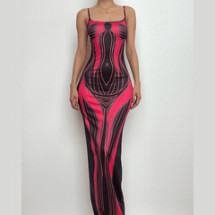 Body print contrast square neck backless cami maxi dress  | red tango dress
