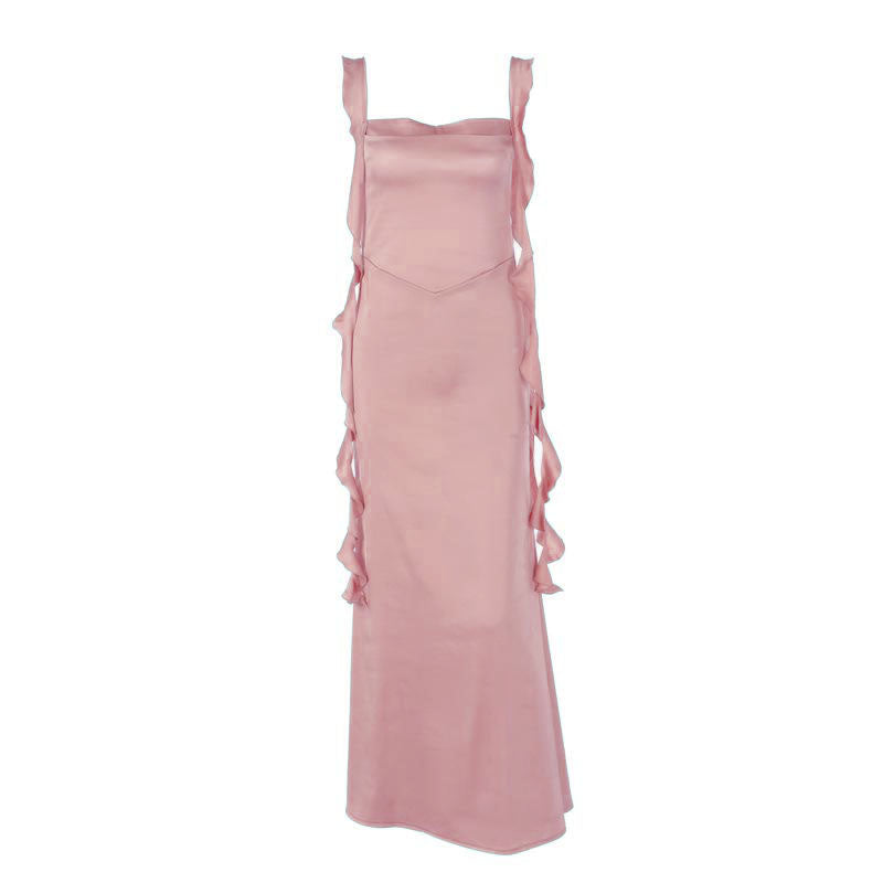 Cowl neck ruffle satin solid backless cami maxi dress