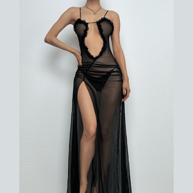 Sheer mesh hollow out ruched high slit cami cut out maxi dress  | samba dress