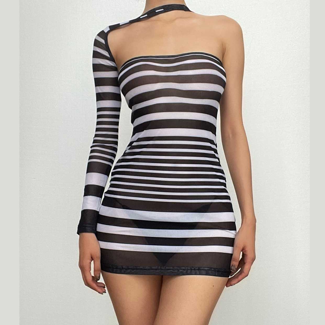 Irregular sheer mesh see through one shoulder striped mini dress  | samba dress
