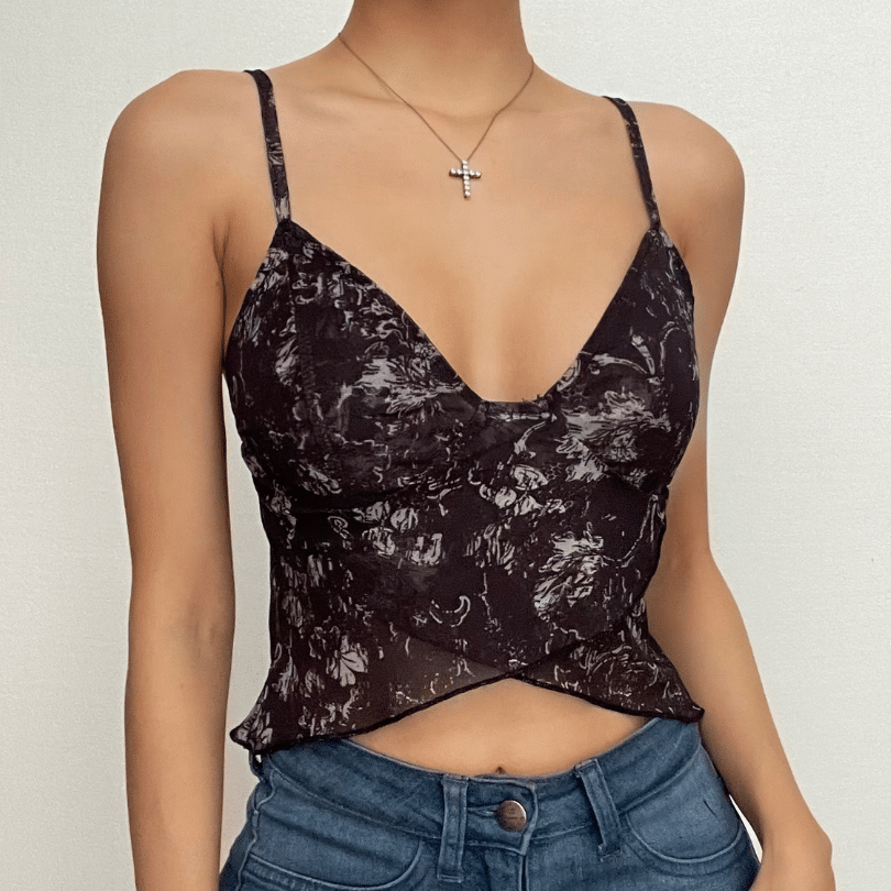 Ruffle v neck sheer mesh cross front print see through crop top