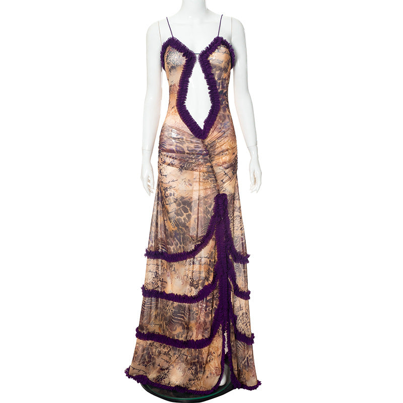 Ruffle spaghetti strap irregular slit backless maxi dress