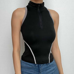 High neck contrast sleeveless zip-up hollow out backless cut out top