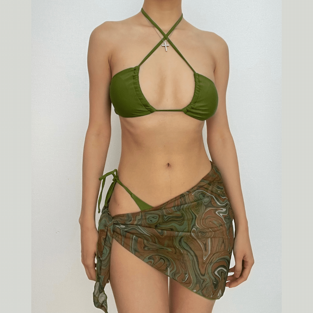 Cross front halter hollow out self tie mini dress 3 piece swimwear  | red tango dress