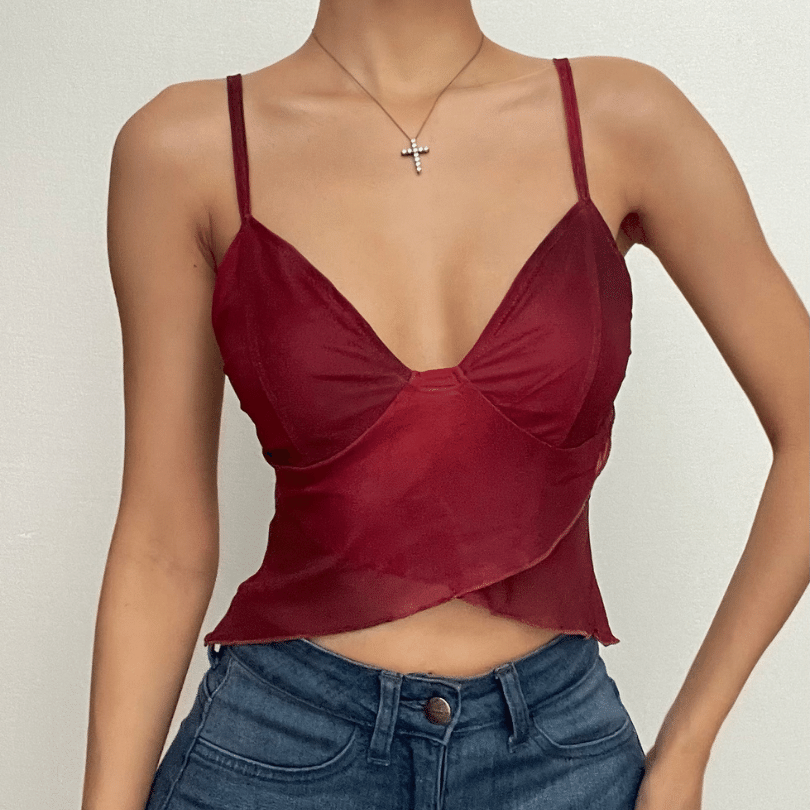 Ruffle v neck sheer mesh cross front print see through crop top