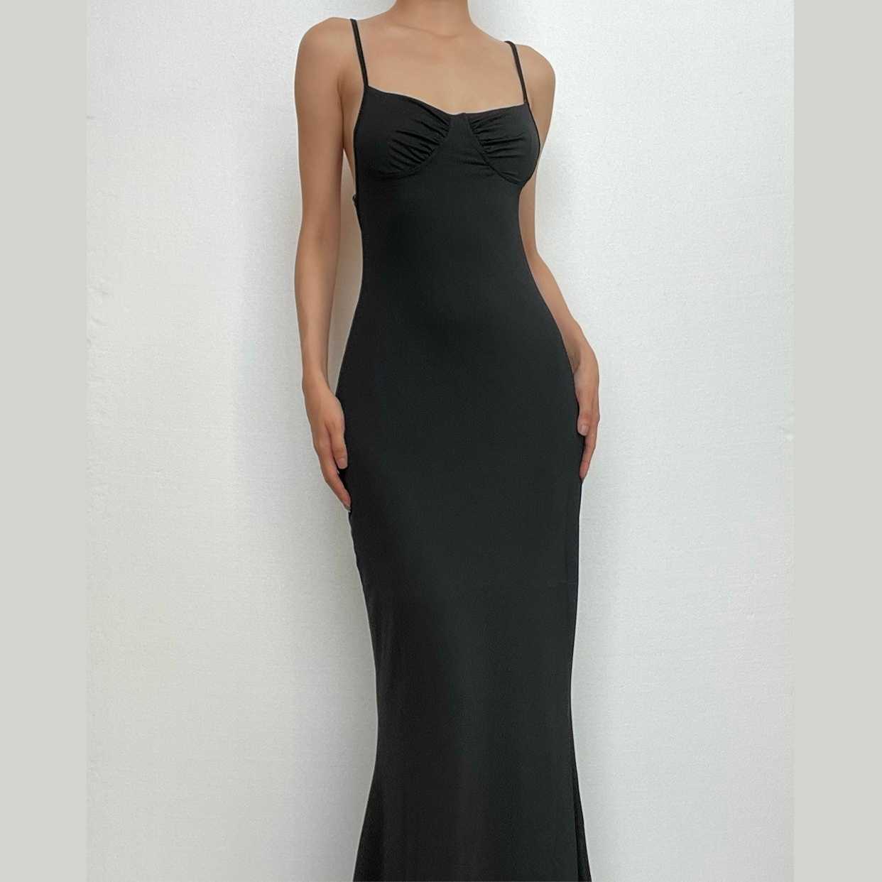 Cross back solid low cut backless cami midi dress  | black rave dress  | black rave dress