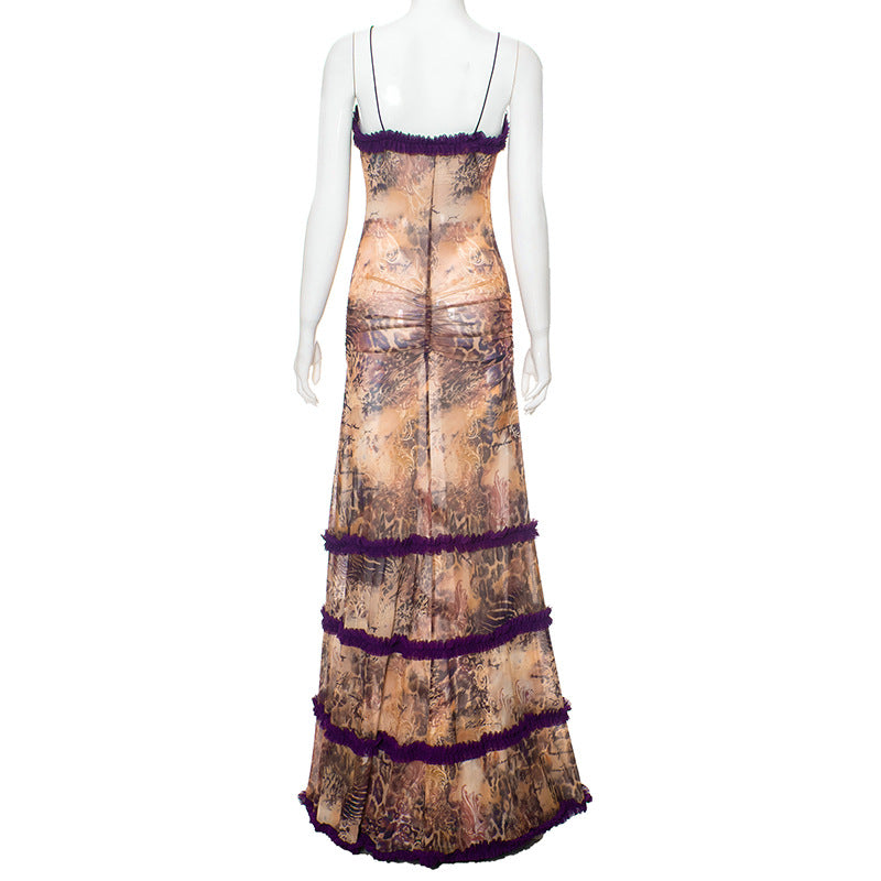Ruffle spaghetti strap irregular slit backless maxi dress