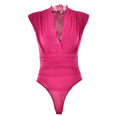 V neck lace hem ruched solid bodysuit