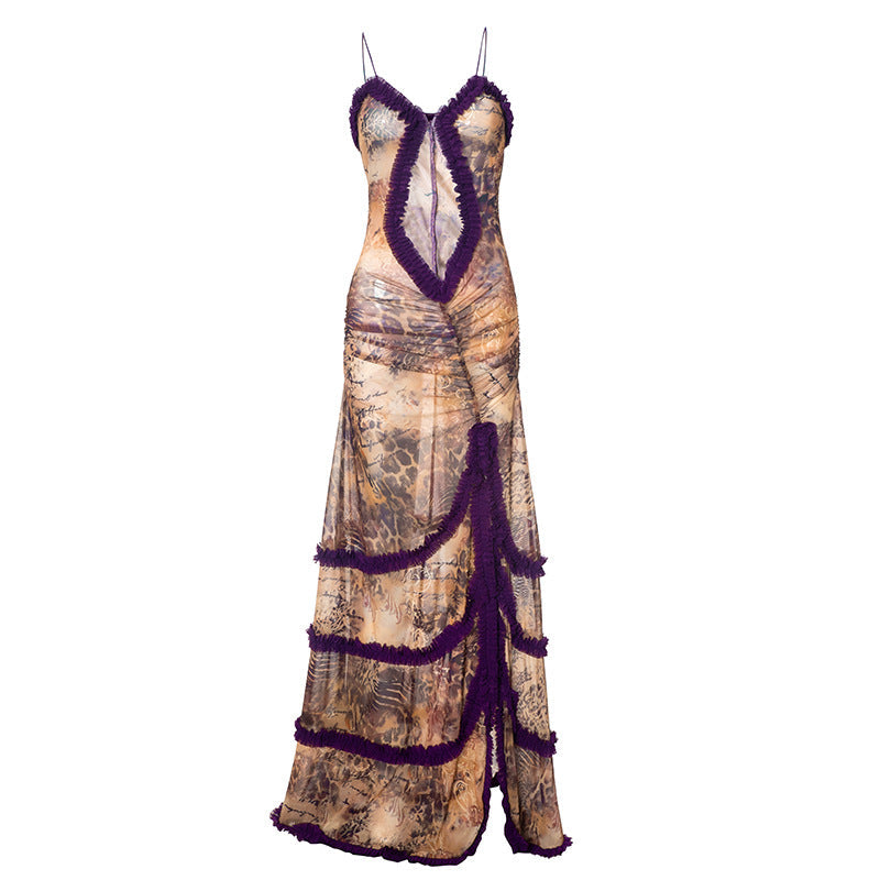 Ruffle spaghetti strap irregular slit backless maxi dress