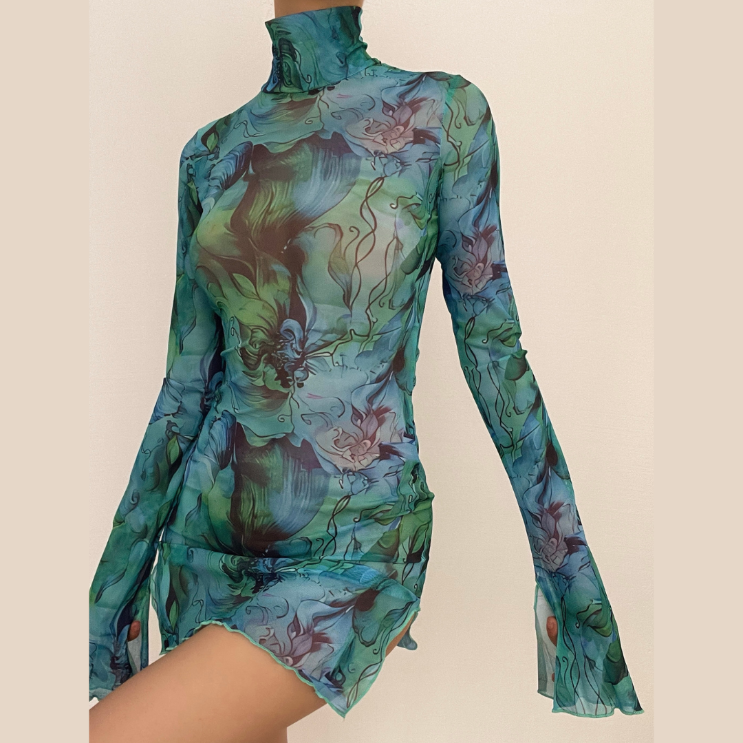 Sheer mesh see through print high neck slit long sleeve mini dress  | samba dress