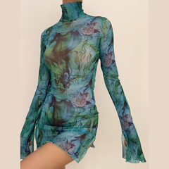 Sheer mesh see through print high neck slit long sleeve mini dress  | samba dress