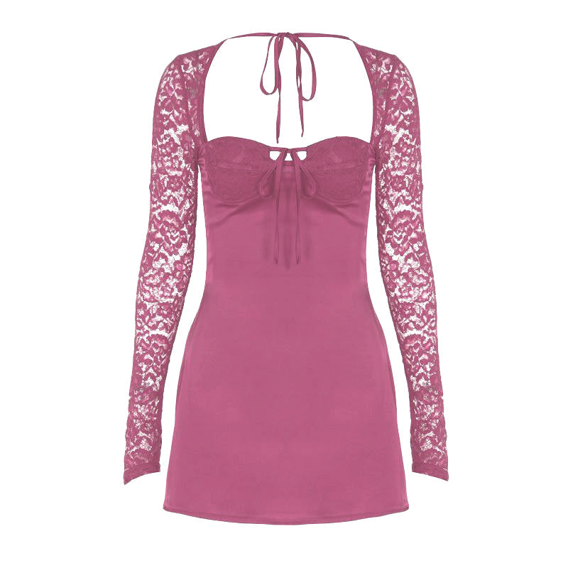 Long sleeve lace knotted ruched solid mini dress  | red tango dress
