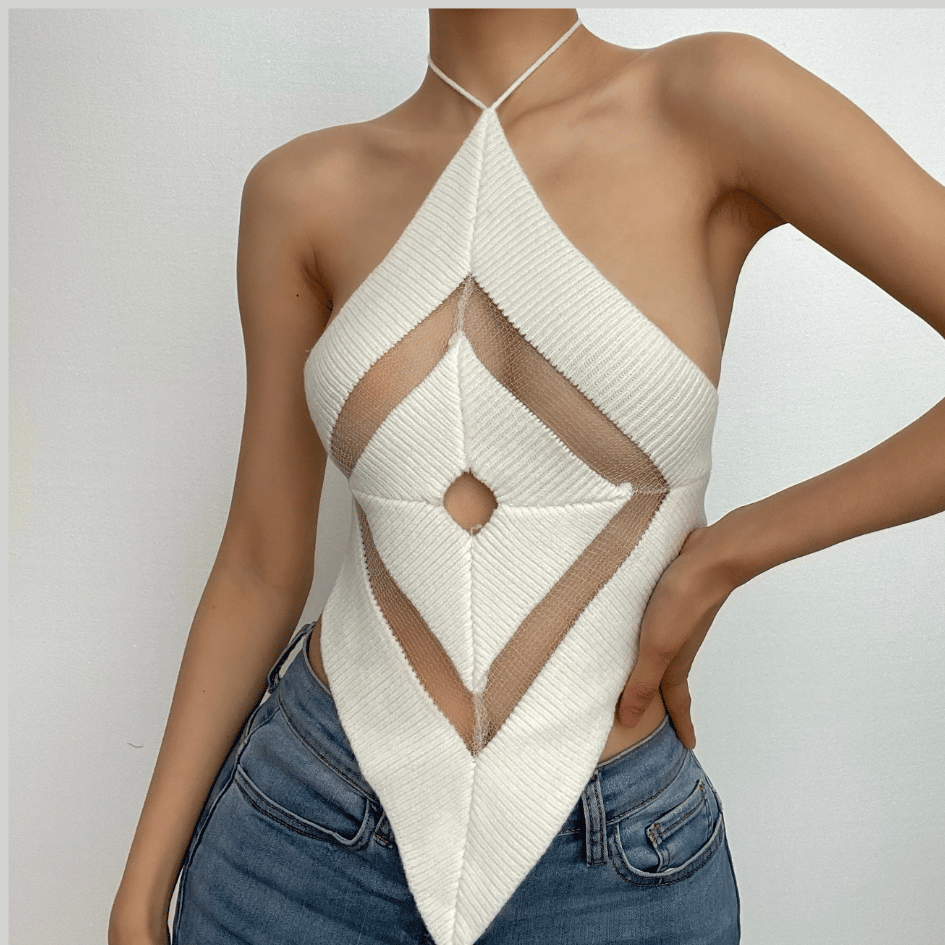 Knitted hollow out halter backless self tie cut out top