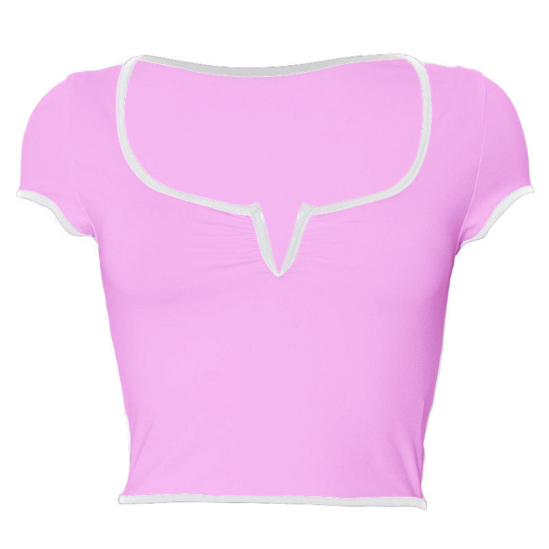 Short sleeve ruched notch neck stitch crop top