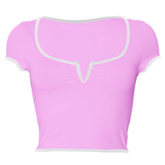 Short sleeve ruched notch neck stitch crop top