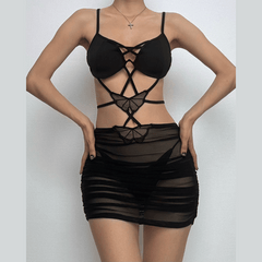 Cross front butterfly mesh hollow out cami mini dress  | black rave dress