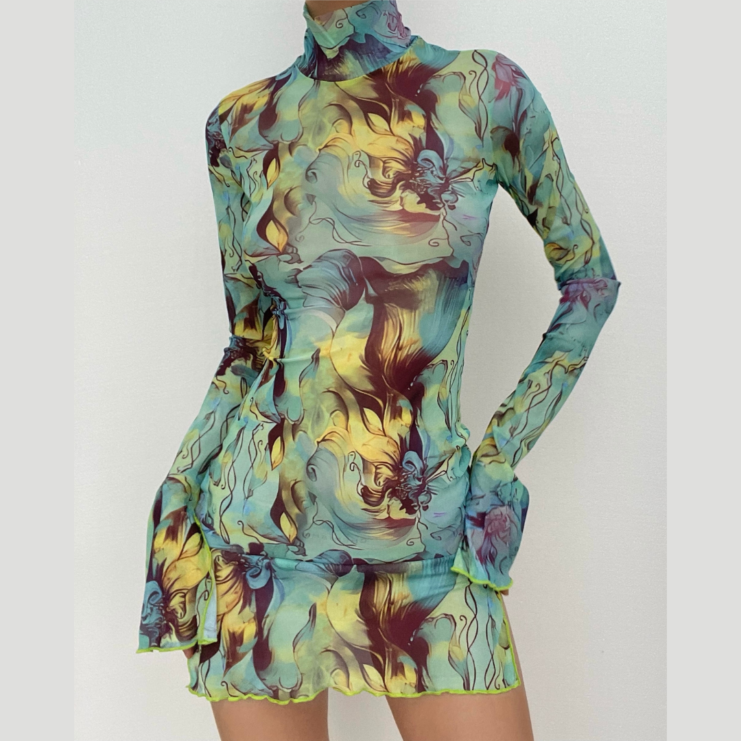 Sheer mesh see through print high neck slit long sleeve mini dress  | samba dress