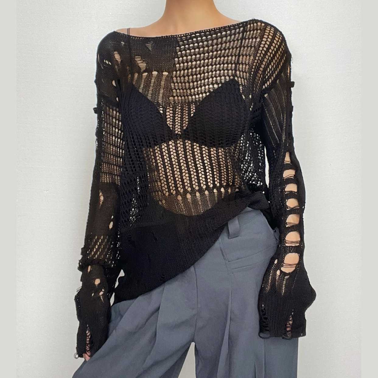 Crochet long sleeve solid hollow out cut out top