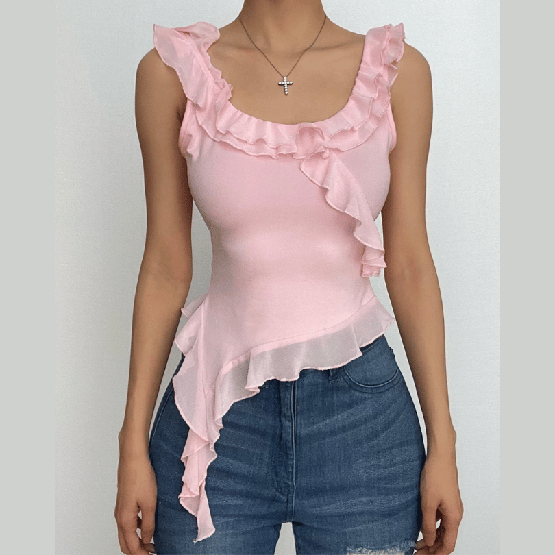 Ruffle u neck solid sleeveless irregular crop top