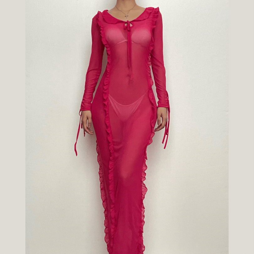 Ruffle turtle neck sheer mesh see through long sleeve maxi dress  | red tango dress  | samba dress